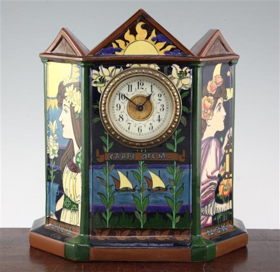 Frederick Rhead for Foley. An Intarsio ware mantel clock, c.1900 29cm, slight restoration